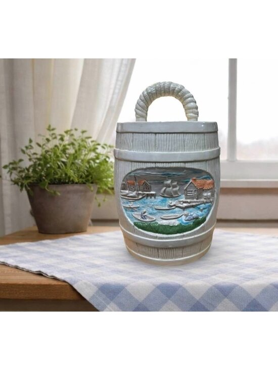 Heersheys Mold Other - Vintage Ceramic Barrel Cookie Jar With Coastal Harbor Scene Lid Handle Hersheys